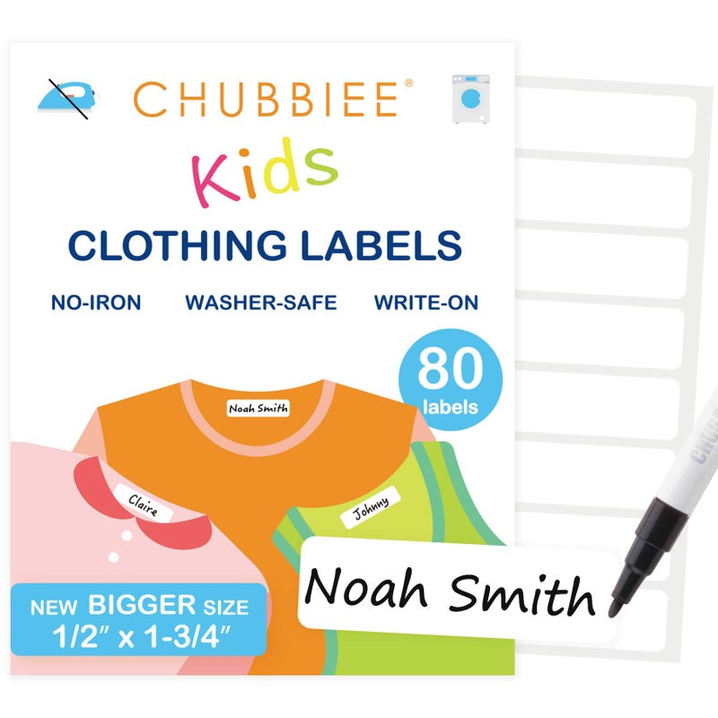 CHUBBIEE All Purpose No-Iron Kids Clothing Labels, Self-Stick Write-On Fabric Labels for Camp, School, Daycare, Nursing Care, Toys, Organizing, Washer & Dryer Safe, Pack of 80 - Image 1